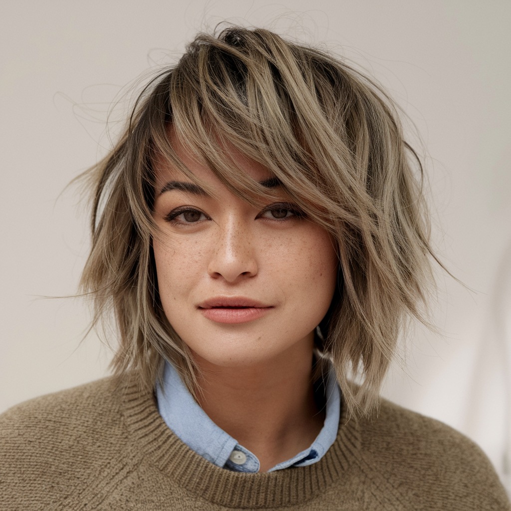 Voluminous Wolf Cut with Side-Swept Fringe