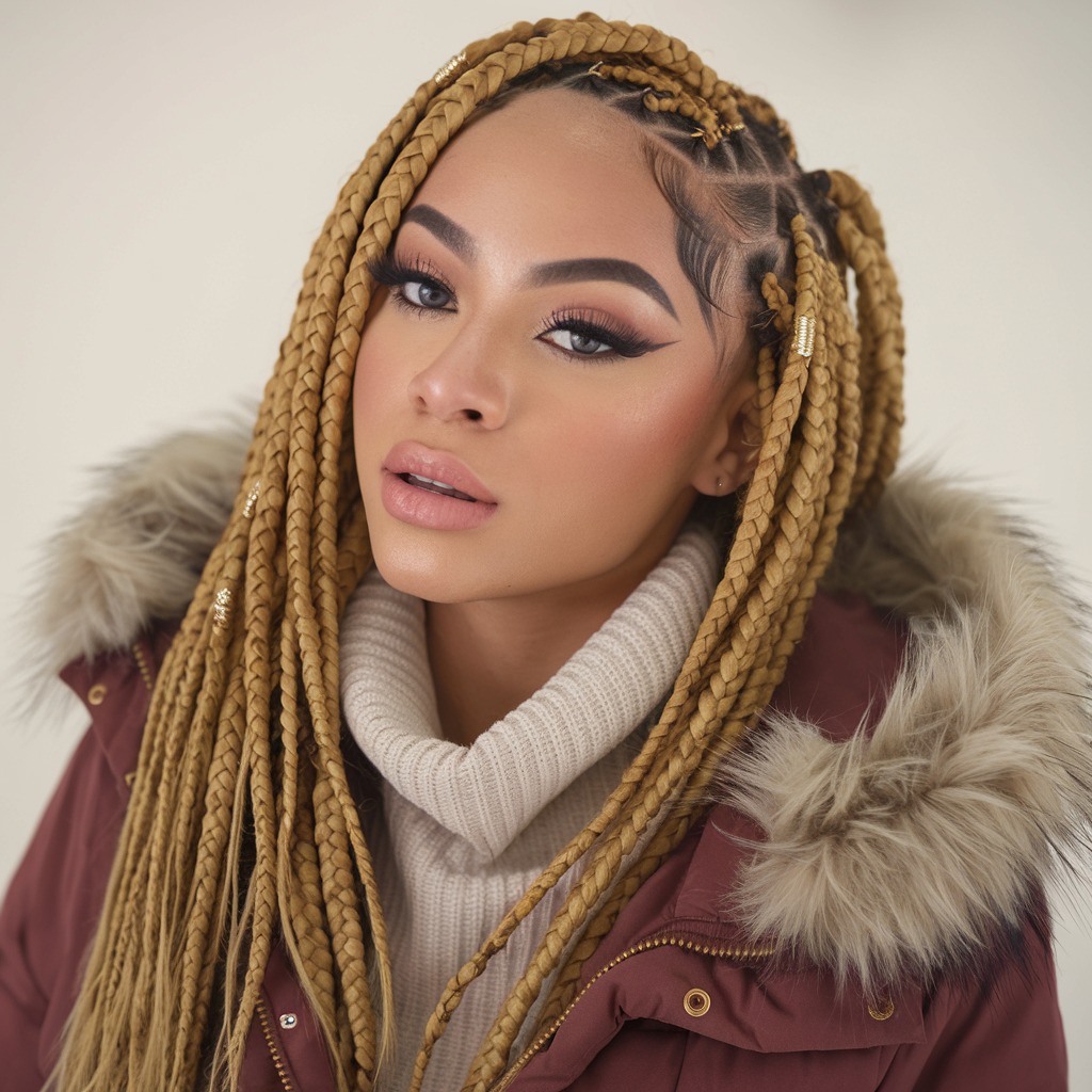 Box Braids with Gold Thread