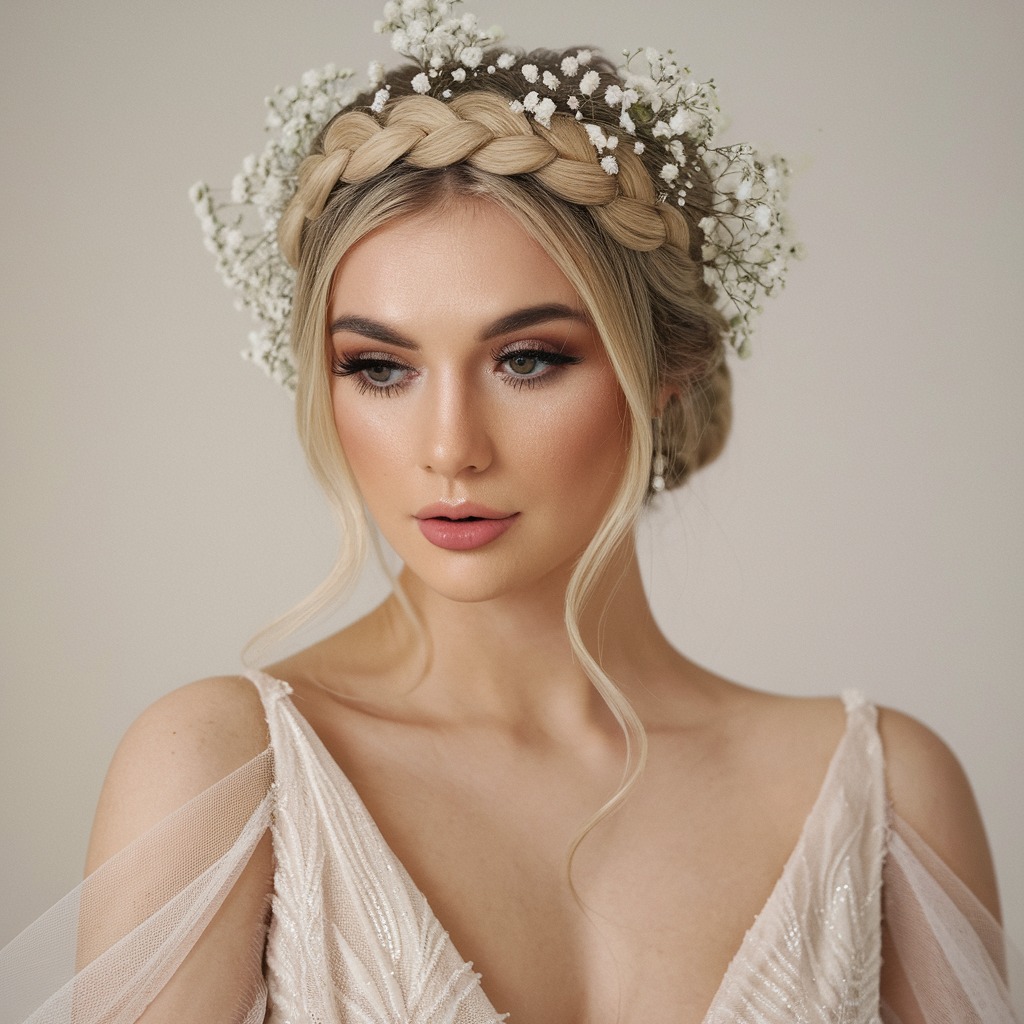 Braided Front Crown with Baby’s Breath Accents