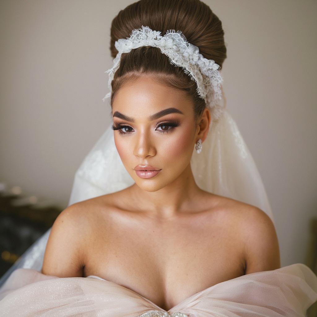 High Bouffant with Lace Headpiece