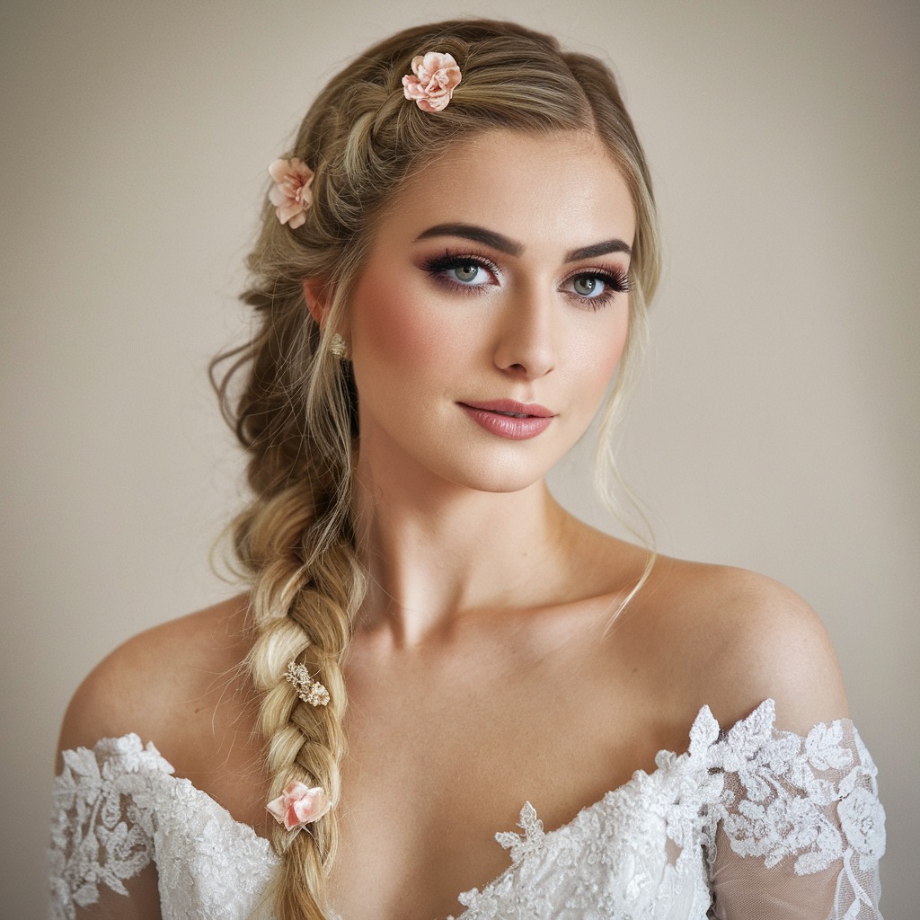 Loose Braided Front with Floral Pins