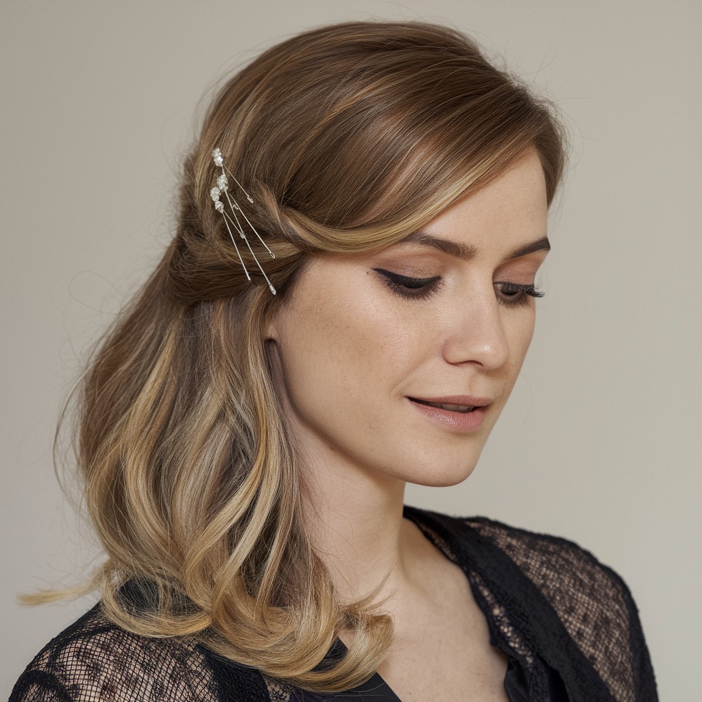 Side-Swept Glamour with Decorative Pins