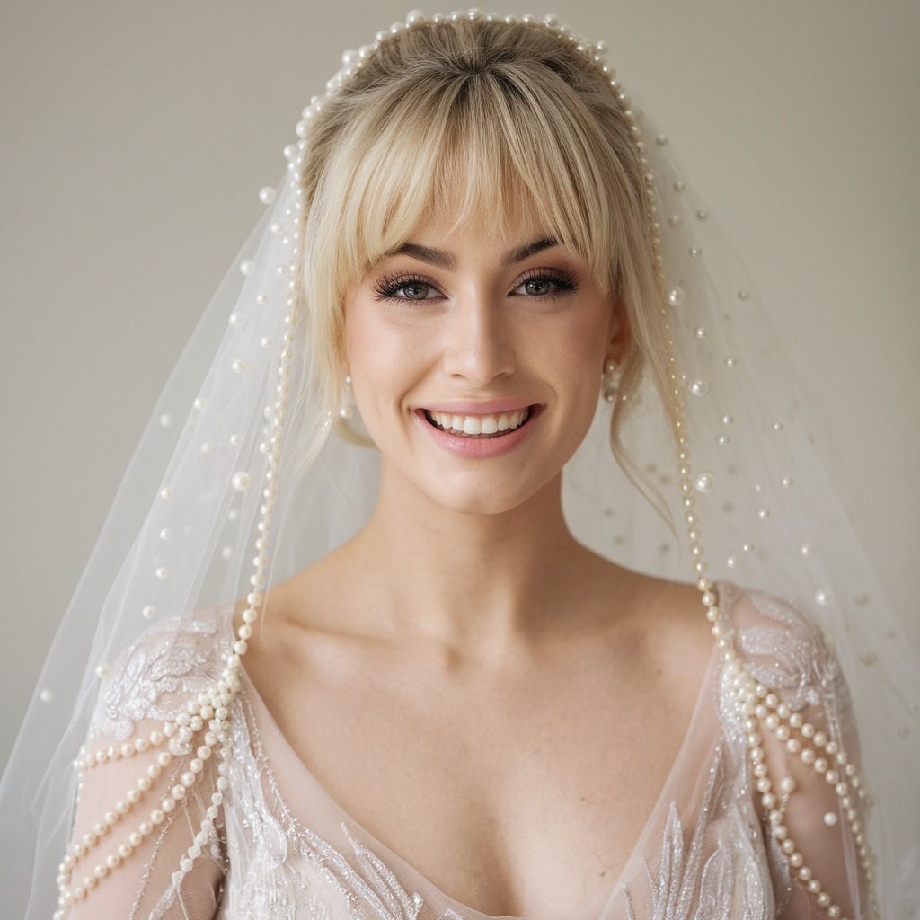 Soft Curtain Bangs with Pearl-Studded Veil